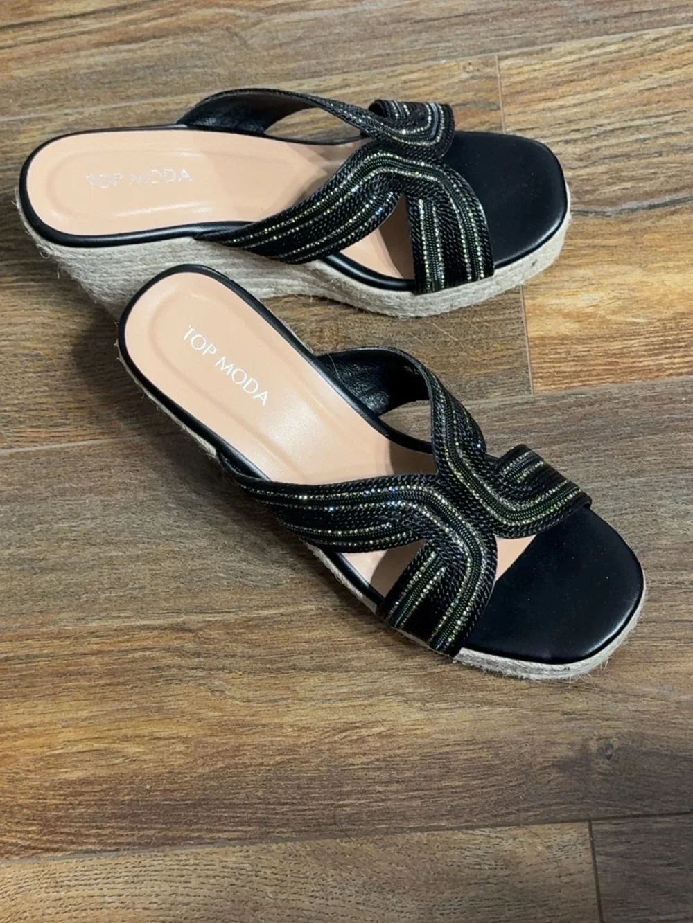 TOP Moda Black Wedge Slide Sandals with Decorative Straps